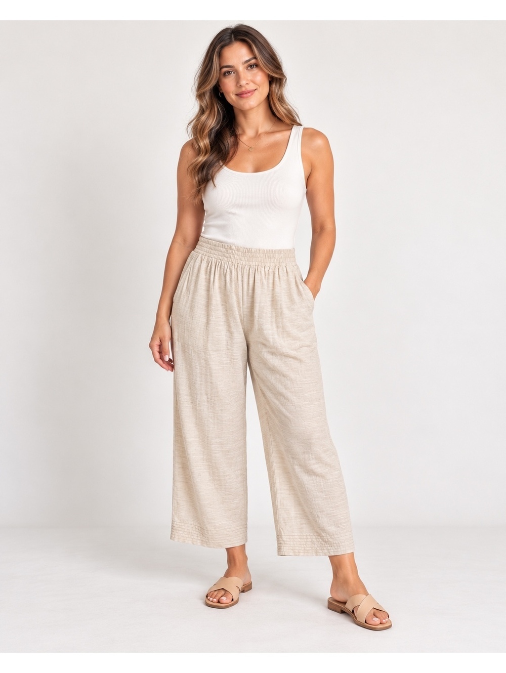 Jane + Delancey Women’s 1X Beige Cropped Wide Leg Pull-On Pants Linen Blend